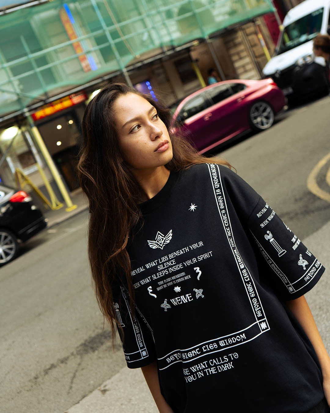 Beyond Sight Oversized Tee – Black Interlock Puff Print Shirt – Weave