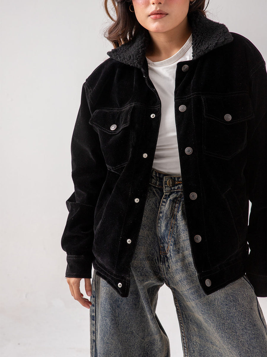 UNISEX – Black Premium Velvet Sherpa Jacket